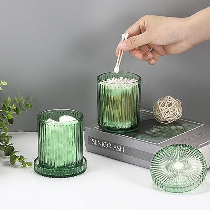 Hipiwe 2 Pcs Qtip Holders Bathroom Dispenser Glass Apothecary Jars with Lids Cotton Swab Holder Bathroom Canisters for Cotton Swabs Balls Round Pad, Vanity Organizer and Storage Decor, Green