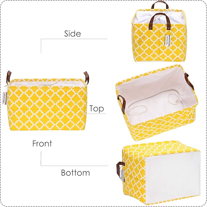 Sea Team Moroccan Pattern, Canvas Fabric Storage Basket, Collapsible Geometric Design, Storage Bin with Drawstring Cover and PU Leather Handles, 16.5 x 11.8 inches, Waterproof Inner, Yellow