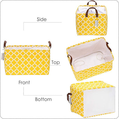 Sea Team Moroccan Pattern, Canvas Fabric Storage Basket, Collapsible Geometric Design, Storage Bin with Drawstring Cover and PU Leather Handles, 16.5 x 11.8 inches, Waterproof Inner, Yellow