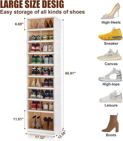 Shoe Box Foldable Storage Box Easy Assembly Clear Plastic Stackable Shoe Storage Organizer Cabinet Shoe Container with Lids Large Size Shoe Rack (9 layers)