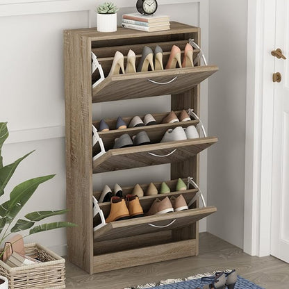 Homsee Modern Shoe Storage Cabinet with 3 Flip Drawers & Twill Louver Doors, Wood 3-Tier Shoe Rack Storage Organizer for Entryway, Hallway & Bedroom, Brown (22.4”L x 9.4”W x 42.3”H)