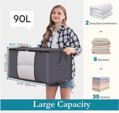 90L Large Storage Bags for Clothes,Blanket and Comforter, 6 Pack Foldable Clothes Storage Bins for Closet Organizer, Storage Containers with Handle, Storage Box
