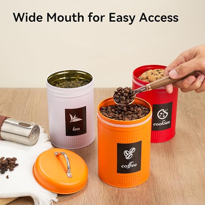 Farmhouse Coffee Canister Storage Container, 42 Oz Vintage Coffee Bean Airtight Jar with Lids, Food Tins with 12 Label Stickers, Kitchen Counter Pantry Organization for Candy Sugar Cookie Tea (Red)