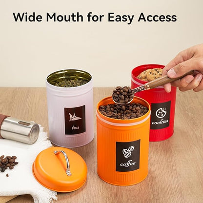 Farmhouse Coffee Canister Storage Container, 42 Oz Vintage Coffee Bean Airtight Jar with Lids, Food Tins with 12 Label Stickers, Kitchen Counter Pantry Organization for Candy Sugar Cookie Tea (Red)
