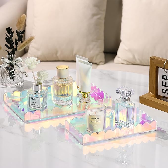 2 Pack Iridescent Acrylic Bathroom Vanity Tray 7.9" and 9.6",Colorful Soap Dispenser Decorative Scalloped Tray for Bathroom Kitchen Living Room Decor Vanity Perfume