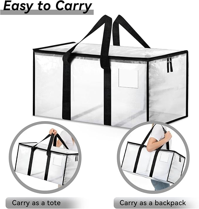 6 Pack Extra Large Heavy Duty Storage Bags, Waterproof Clear Storage Bins with Lids, Backpack Straps, Zippers & Handles, Moving Bags for Travel, Moving, College Dorm Storage