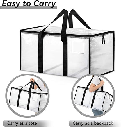 6 Pack Extra Large Heavy Duty Storage Bags, Waterproof Clear Storage Bins with Lids, Backpack Straps, Zippers & Handles, Moving Bags for Travel, Moving, College Dorm Storage