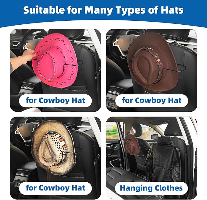 Car Hat Rack,Seat Cowboy Hat Holder for hat organizer,Seat Rear Storage Clothes Hanger,Car Seat Accessories,Black 2 Pack