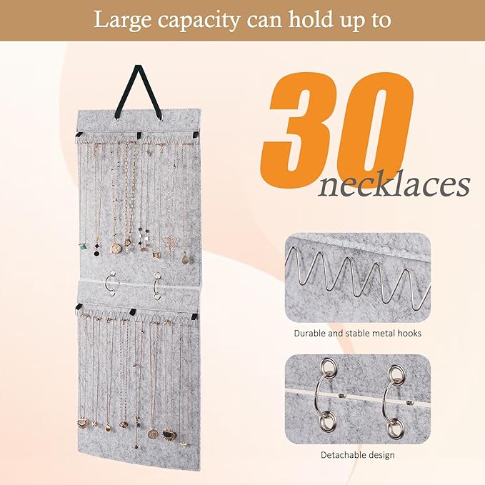 Lolalet Hanging Jewelry Organizer, Necklaces Wall Closet Door Storage, Accessories Jewelry Display for Women Girls -Grey