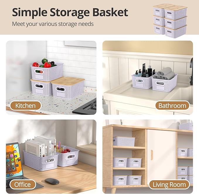 Plastic Storage Baskets with Bamboo Lids, Stackable Small Box Bins for Organizing and Containers for Shelves Drawers Desktop Closet Pantry Classroom Office Home, 6 Pack 10.2"x7.2"x4.1" Lavender