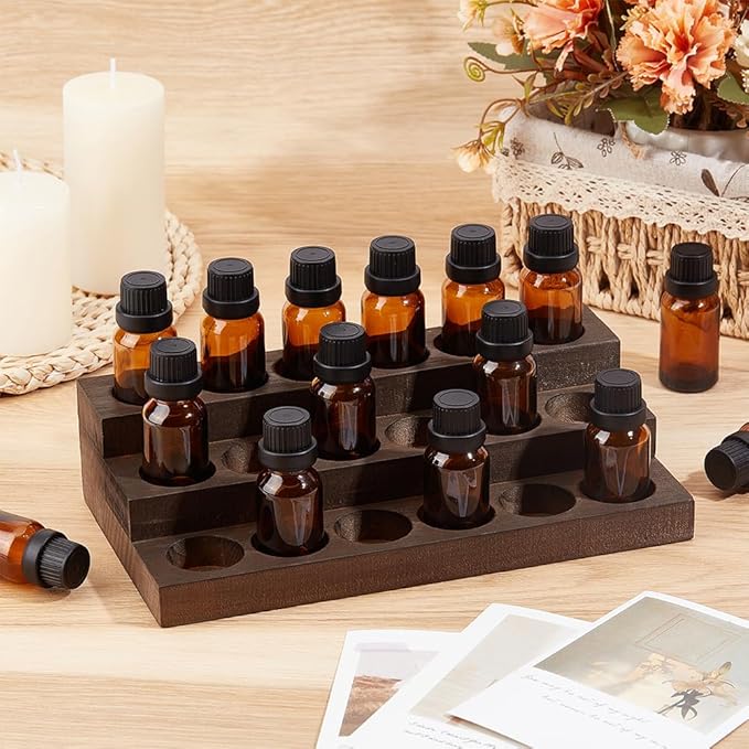 BENECREAT 3-Tier 18 Slots Wooden Essential Oil Organizer, Vintage Brown Wood Essential Oil Display Stand Makeup Storage Rack for Tabletop Essential Oils Perfume Nail Polish, Slot ID: 1.3inch