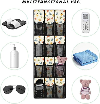12-Pocket Space Saving Door Organizer, Over the Door Hanging Storage Bag for Shoes Toys and Essentials for Bedroom, Closet or College Dorm, Coloured Dog Paw Print