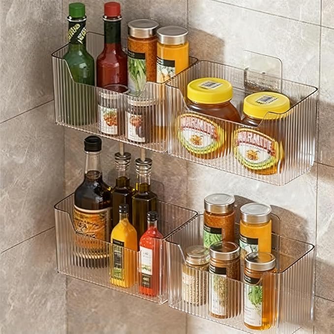 Acrylic Wall Mounted Storage Racks,2Pcs Storage Box Shower Basket, Transparent Plastic Makeup Box Stackable Storage Basket for Kitchen Bathroom Cabinet Pantry and Office, with 2 Back Stickers