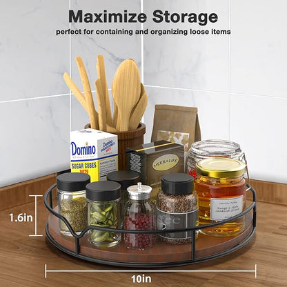 Lazy Susan Turntable Organizer with Anti-Slip Mat for Cabinet Pantry Kitchen Countertop Refrigerator Office, Pine Wood, 10", Brown