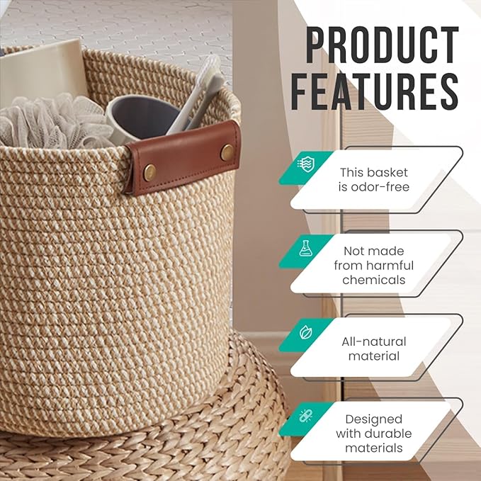 3 Pack Cotton Rope Storage Basket Woven Shelf Bin with Faux Leather Handles, Decorative Closet Shelf Woven Basket for Organizers, 15 x 10 x 9, Multi-Brown