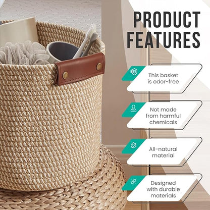 3 Pack Cotton Rope Storage Basket Woven Shelf Bin with Faux Leather Handles, Decorative Closet Shelf Woven Basket for Organizers, 15 x 10 x 9, Multi-Brown