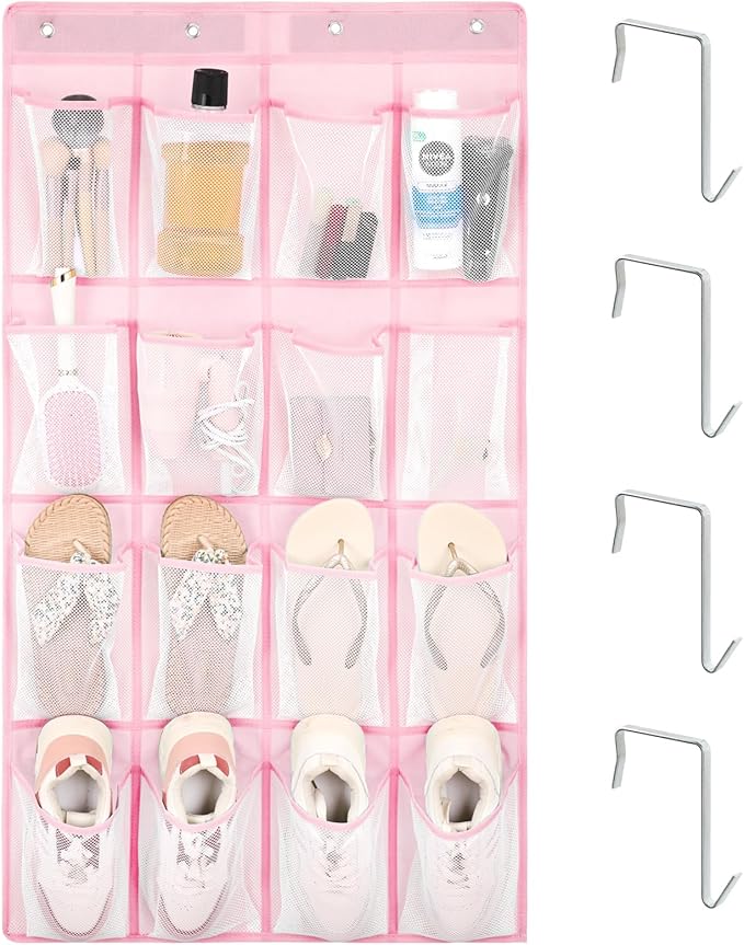 F-color 16-Pocket Hanging Organizer - Over the Door Shoe Organizer, Cruise Essentials for Cabin & RV, Breathable Mesh Storage Pockets, Space Saving Hanging Storage Holder with 4 Sturdy Metal Hooks