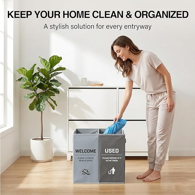 Foldable Shoe Cover Bin Storage Box Storage Dispenser Holder with Used Shoe Covers and Welcome Please or Remove Sign for Open House Supplies (grayish blue)