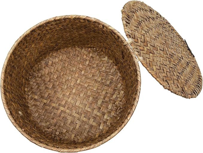 Seagrass Handmade Basket with Lid, Small Round Basket for Storage, Decorative Home Organizer Decor(7"L x 7"W x 5"H, Coffee)