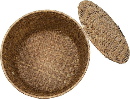 Seagrass Handmade Basket with Lid, Small Round Basket for Storage, Decorative Home Organizer Decor(7"L x 7"W x 5"H, Coffee)