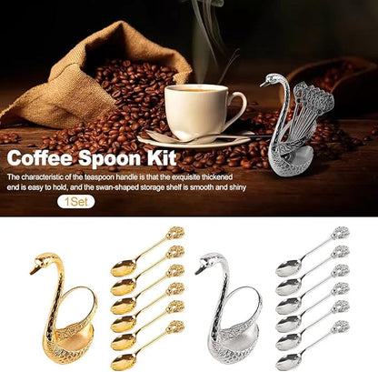Coffee Spoon Set With Holder, Swan Spoon & Fork Holder, Elegant and Charming Decorative Spoons Organizer Serving Kit, Durable Spoons Coffee Station Storage Organizer(COLOR:Silver)