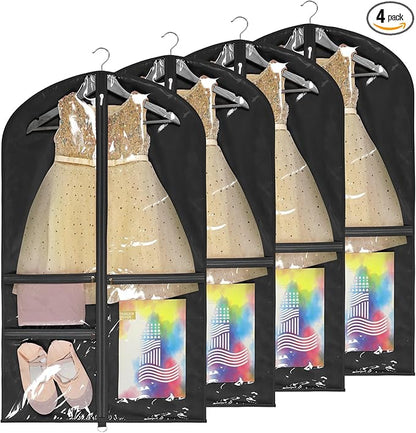 Univivi Dance Costume Bags Garment Bag 40 Inch Hanging Clothes for Dance Competitions, with 3 Medium Clear Zipper Pockets for Dance Costumes, Closet Storage (Black) - 4 Pack