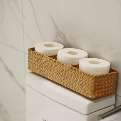 Seagrass Tank Basket for Toilet Paper 3 Sections Woven Storage Basket with Large Compartment Natural (16.5inch x 5.5inch x 3.5inch)
