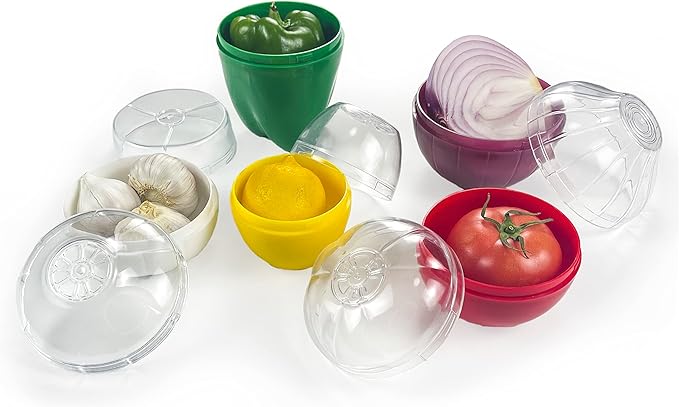 5PCS Fruit and Vegetable Shaped Savers Storage Onion Tomato Lemon Green Pepper and Garlic Containers for Fridge Vegetable Crisper Makes Food Stays Fresh Longer