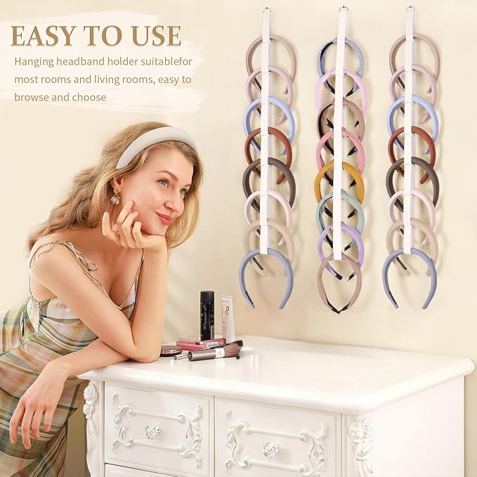 3 PCS Headband Holder Organizer for Girl,Hanging Hairband Storage for Women,Beige Hair Hoop Display Hair Accessories Organizer Bedroom College Dorm Decor