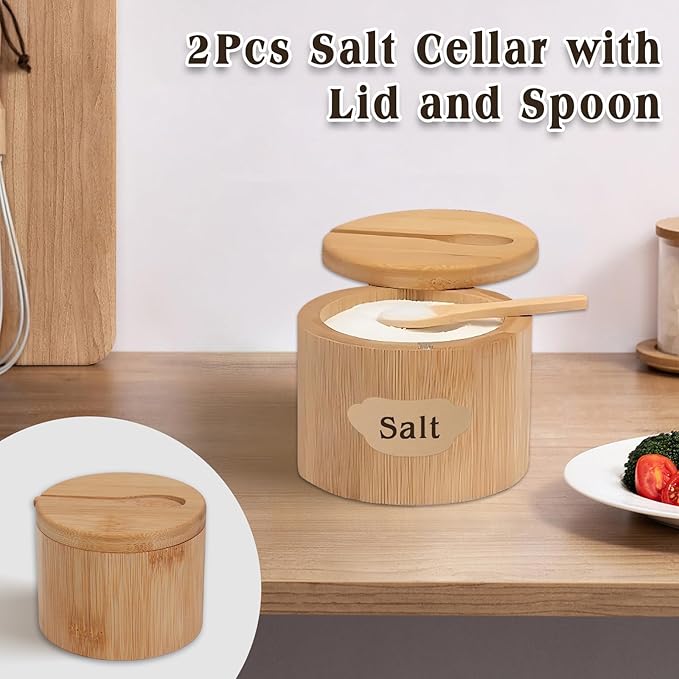 2Pcs Salt Cellar, 6 oz Salt Container with Lid and Spoon, Round Salt and Pepper Bowls Storage Box for Countertop Spice Sugar (Style1)