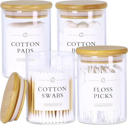 INIUNIK 4 Pack Qtip Holder Dispenser - Glass Apothecary Jars with Lids, Cotton Ball Pad Swab Round Holder, Bamboo Bathroom Accessories, Bathroom Organizers Containers Jars Canisters with Lids