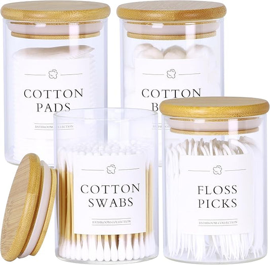 INIUNIK 4 Pack Qtip Holder Dispenser - Glass Apothecary Jars with Lids, Cotton Ball Pad Swab Round Holder, Bamboo Bathroom Accessories, Bathroom Organizers Containers Jars Canisters with Lids