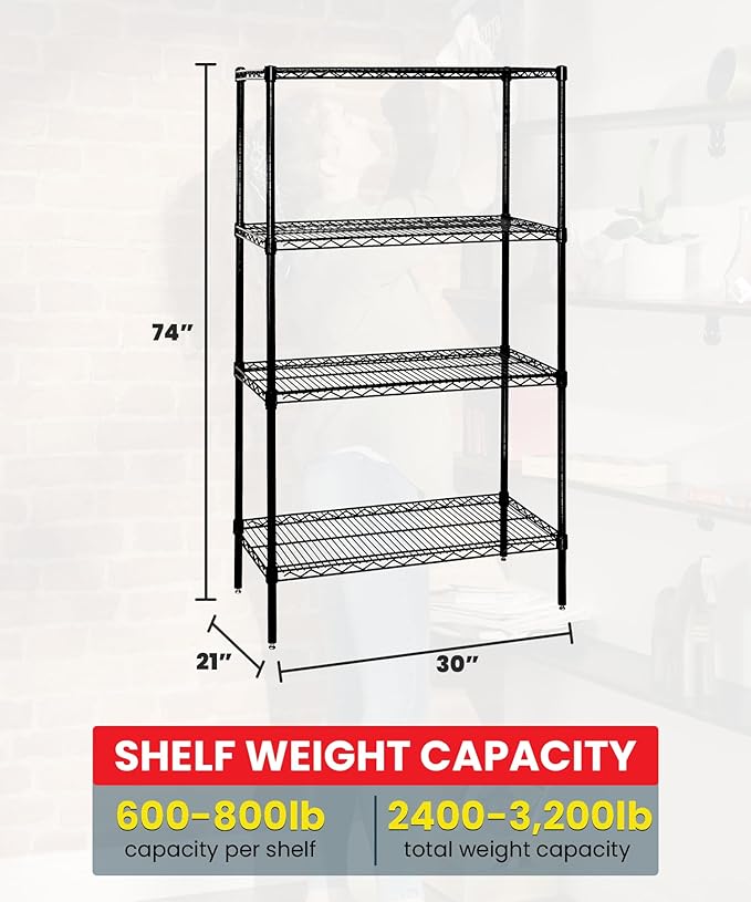 Quantum Storage Systems WR74-2130BK Wire Shelving Starter Kit, 30" W x 21" D x 74" H, 600 lbs Capacity, Carbon Steel, Epoxy Coated, Black, NSF