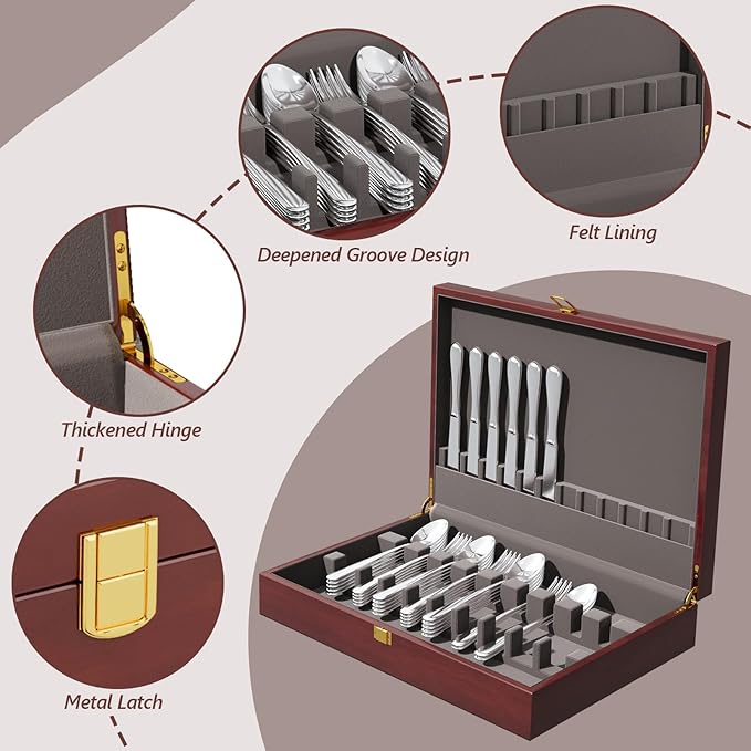 Solid Mahogany Silverware Storage Box,Silverware Chest Case with Lid and Felt Lined,Wood Flatware Storage Box for 12 sets of Utensils,Silverware Boxes for Flatware,Silverware Chest without Silverware