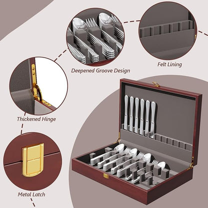 Solid Mahogany Silverware Storage Box,Silverware Chest Case with Lid and Felt Lined,Wood Flatware Storage Box for 12 sets of Utensils,Silverware Boxes for Flatware,Silverware Chest without Silverware