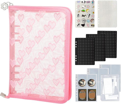 Chillpaper Enamel Pin Display Book Collection Trading Book Portable Brooch Pins Holder Storage Organizer Case Zippered (Pink Heart Lace)