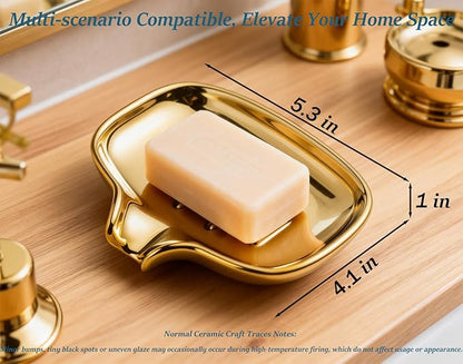 Gold-Plated Ceramic Soap Dish, Self-Draining Bar Soap Holder with U-Shaped Drainage, Decorative Soap Tray for Bathroom Shower & Kitchen Sink