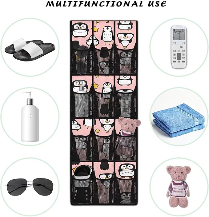 Penguin Space Saving Hanging Shoe Organizer,Entryway Bedroom Bathroom Storage Bags with 12 Mesh Large Pockets,Stylish Print
