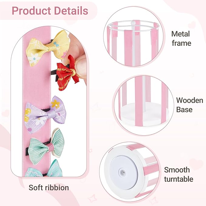 Dahey Bow Holder for Girls Hair Bows, Modern Hair Bow Organizer 360° Rotation Hair Accessories Organizer Storage Stand Display for Girls, Pink