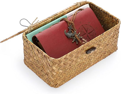 Hipiwe Wicker Shelf Baskets Bin with Lid, Handwoven Seagrass Basket Storage Bins Rectangular Household Basket Boxes for Shelf Wardrobe Home Organizer, Caramel X-Small