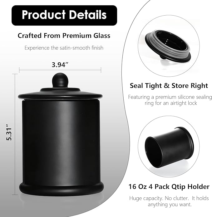 LITIVY 4 Pack Bathroom Organizers and Storage - 16 Oz Glass Qtip Holder & Cotton Pad Dispenser with Lid, Apothecary Jars for Home, Room Decor, Kitchen Organizer (Black)
