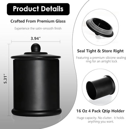 LITIVY 4 Pack Bathroom Organizers and Storage - 16 Oz Glass Qtip Holder & Cotton Pad Dispenser with Lid, Apothecary Jars for Home, Room Decor, Kitchen Organizer (Black)