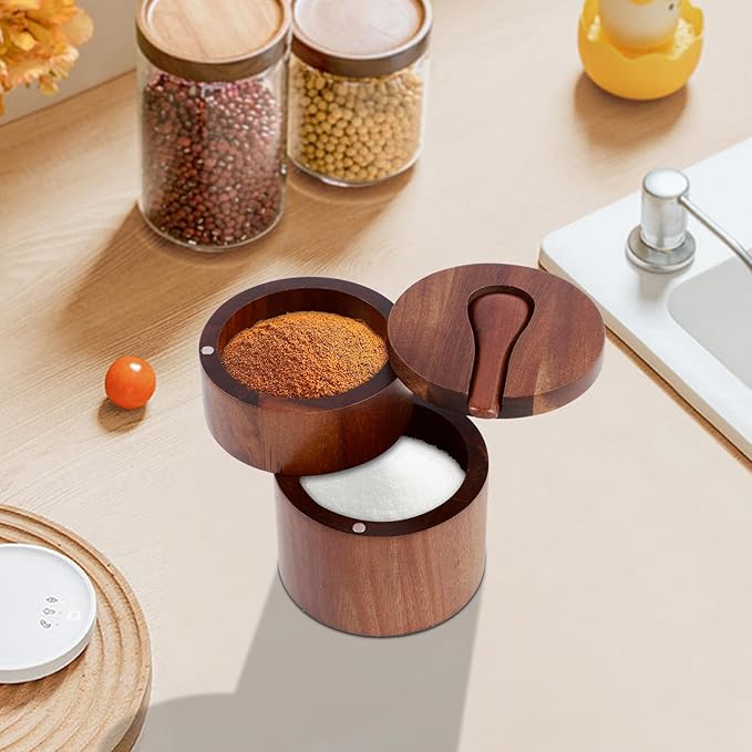 Acacia Wood Salt and Pepper Bowl, Double Layer Salt Cellar Box, Pepper Storage Box, Magnetic Rotatable Seasoning Container with Built in Spoon for Seasonings Spices