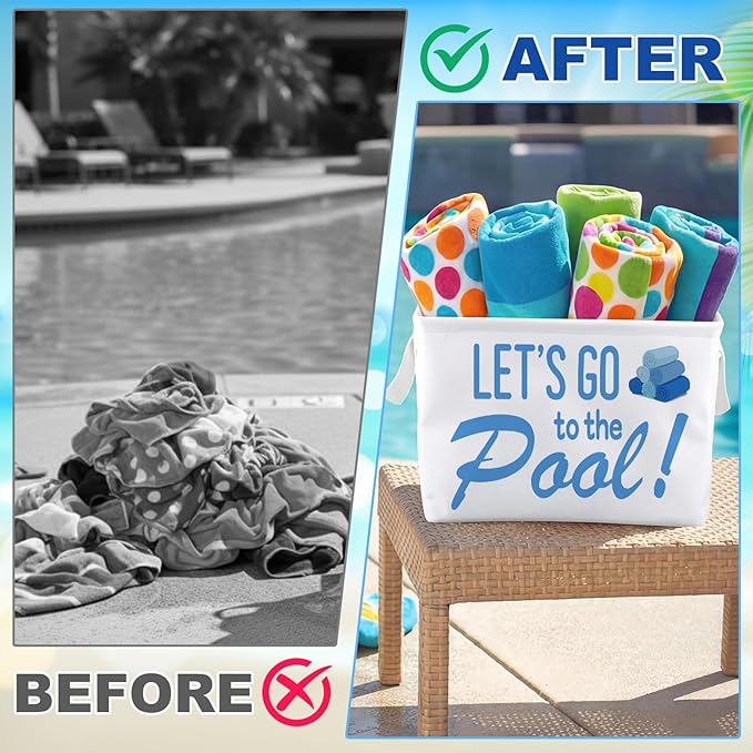 Yungyan Let's Go to The Pool Towel Storage Basket Bin and Organizer Large Pool Towel Storage Basket Waterproof Canvas Cube with Handle Beach Gift for Outdoor Summer Seaside Home Clothes Book Toy