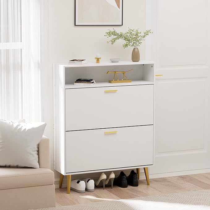 JOZZBY Shoe Cabinet for Entryway, White Narrow Shoe Storage Cabinet with 2 Flip Drawers, Freestanding Hidden Shoe Rack Storage with Open Shelves for Hallway, Living Room