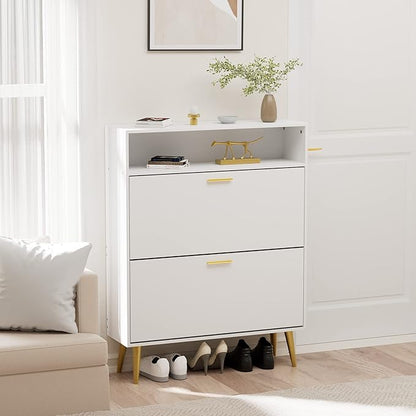 JOZZBY Shoe Cabinet for Entryway, White Narrow Shoe Storage Cabinet with 2 Flip Drawers, Freestanding Hidden Shoe Rack Storage with Open Shelves for Hallway, Living Room