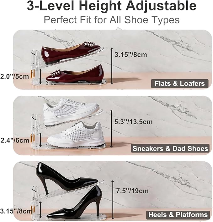 FUSHITON Shoe Organizer for Closet, Stackable Shoe Rack with 3 Adjustable Heights, Double Layer Space Saving Clear Holder for Small Apartment and Dorm Room, 10 Pack