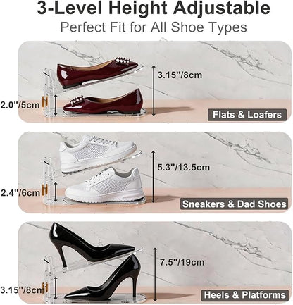 FUSHITON Shoe Organizer for Closet, Stackable Shoe Rack with 3 Adjustable Heights, Double Layer Space Saving Clear Holder for Small Apartment and Dorm Room, 10 Pack