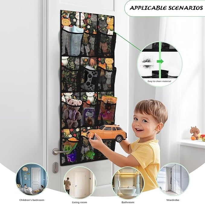 12 Pockets Over The Door Shoe Organizer Mesh Fabric Door Hanger Organizer for School Cartoon Cat Wall Hanging Storage Flowers Shoe Holder Hanger