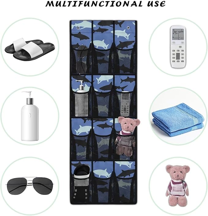 12-Pocket Behind The Door Storage Organizer, Oxford Material Waterproof Foldable and Designed for Bathroom Pantry or Bedroom Use, Blue Black Shark